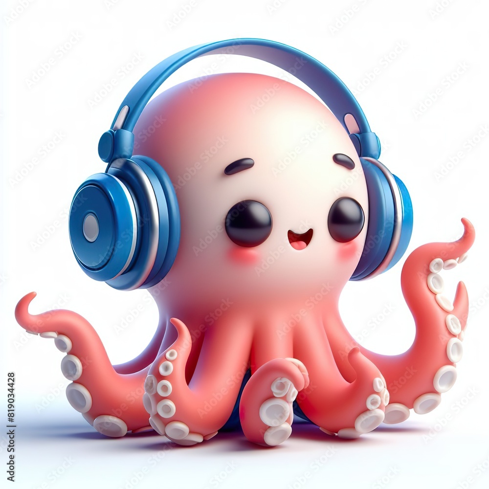 Obraz premium cute 3D funny cartoon Octopus with small wireless headphone on head smiling and dancing, white background