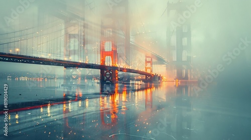 Iconic fusion of London's Tower Bridge and San Francisco's Golden Gate Bridge in a stunning double exposure. photo