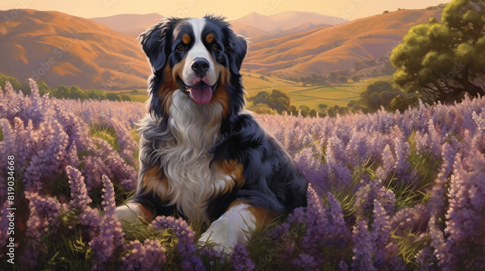 A serene Bernese Mountain Dog standing proudly among a field of blooming lavender, its gentle expression radiating calmness.