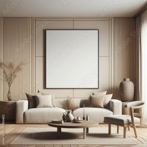 Blank Art Print photo frame mockup template of living room minimalism modern mediterania tropical rustic wood