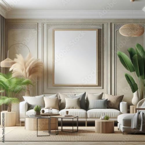 Blank Art Print photo frame mockup template of living room minimalism modern mediterania tropical rustic wood