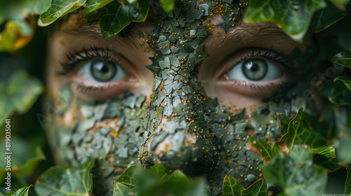 Close-up of a person's face covered in green leaves and moss, with only the eyes visible. The background is filled with green foliage, creating a camouflage effect. photo