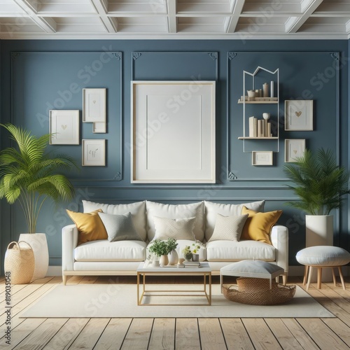 Blank Art Print photo frame mockup template of living room minimalism modern mediterania tropical rustic wood