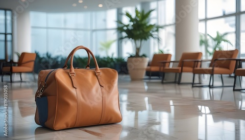 A leather travel bag on a marble floor in a hotel lobby , with a potted plant and blurred background