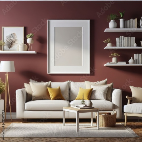 Blank Art Print photo frame mockup template of living room minimalism modern mediterania tropical rustic wood