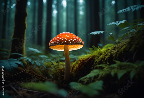 Explore the enchanting world of nature with a vibrant glowing mushroom standing tall in a dense dark forest photo