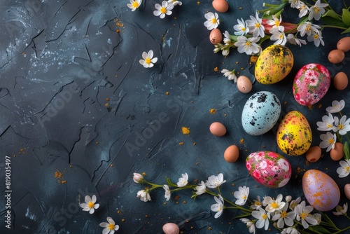 Colorful Easter eggs with spring flowers on a dark background with space for your creations