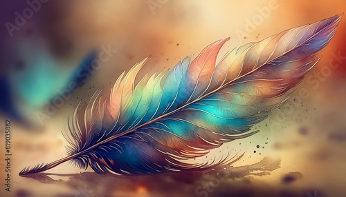 A detailed feather quill with fine barbs, resting on a softly blurred background of aged  photo