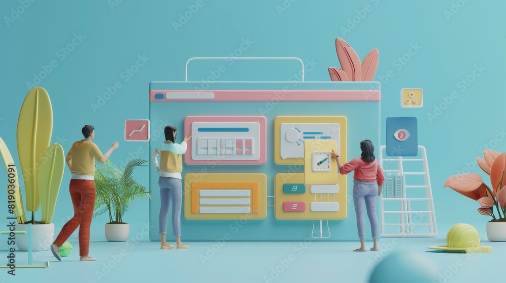 3D illustration of a Web UI UX Teamwork concept. People Building Creating a Web User Interface. 3D illustration of a Web UI UX Teamwork concept. People Building Creating a Web User Interface.