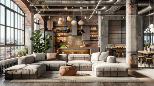 A 3D rendering of a loft living room with an industrial style