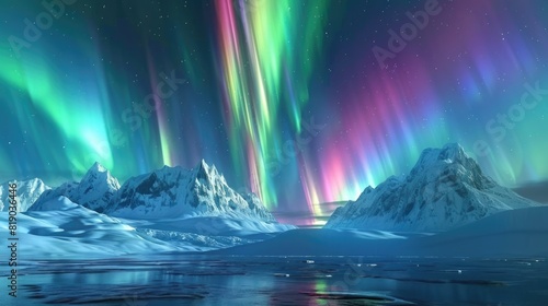 Colorful polar lights in an arctic landscape. Beautiful aurora borealis