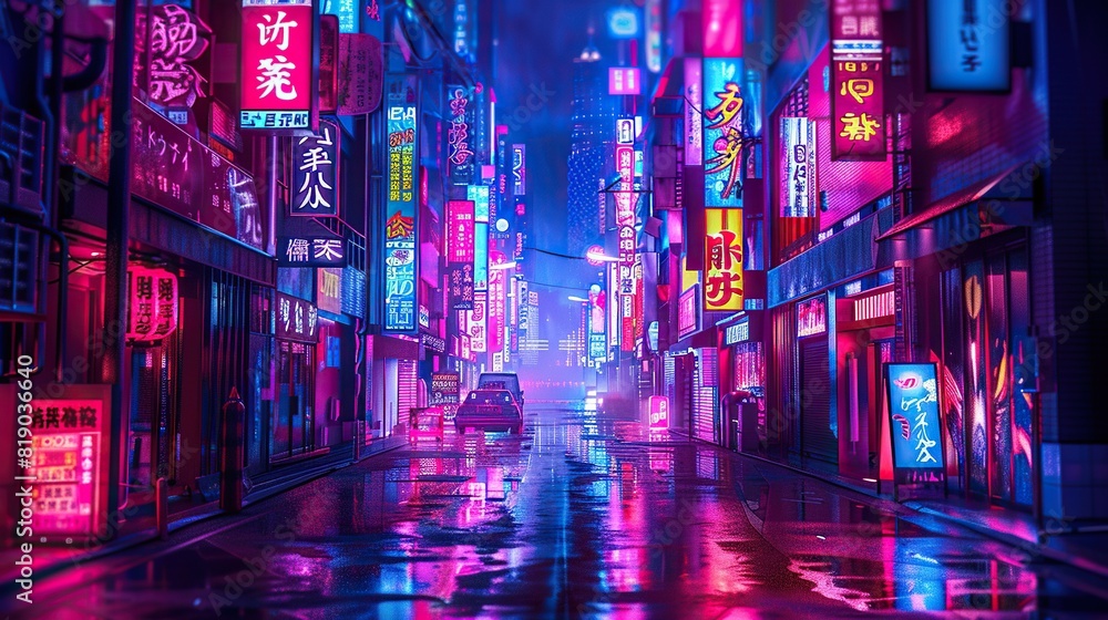 Obraz premium Futuristic Cityscape at Night: Cyberpunk Art with Fog and Rain, 4K.