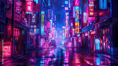Futuristic Cityscape at Night: Cyberpunk Art with Fog and Rain, 4K. © Siasart Studio