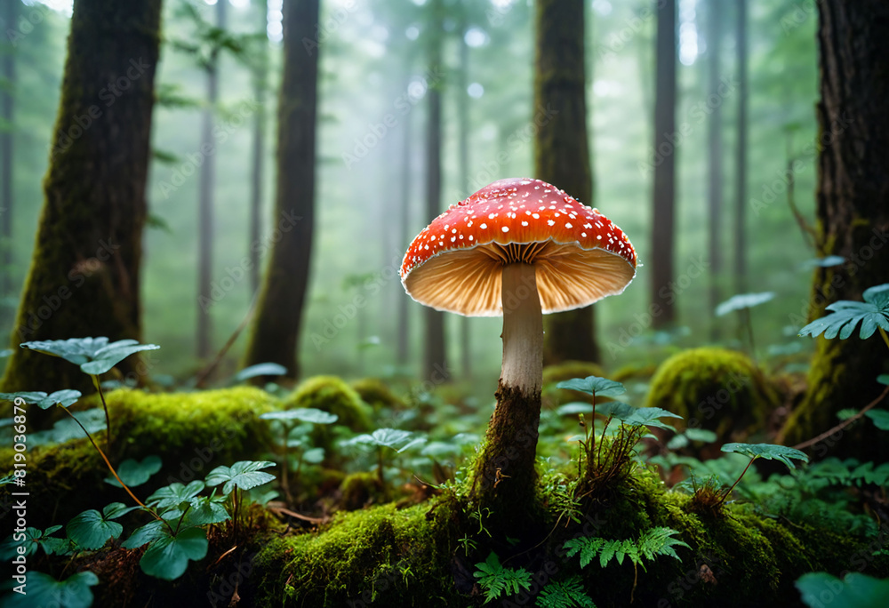 Fototapeta premium Explore the enchanting world of nature with a vibrant mushroom standing tall in a dense forest