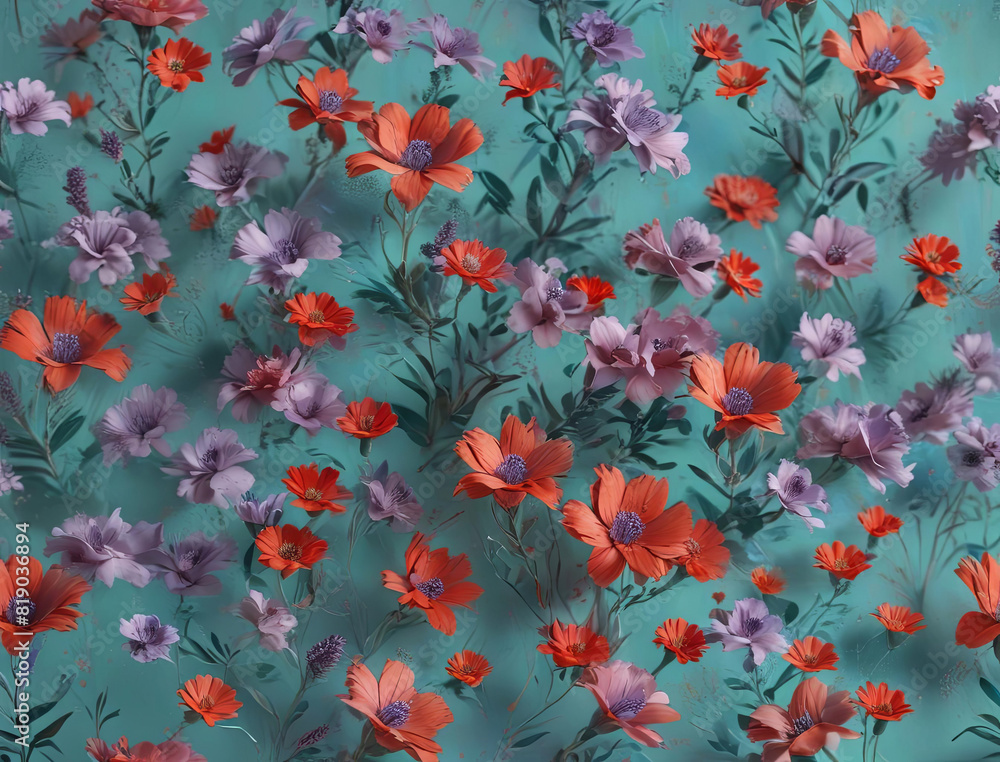 Surreal 3D Lavender and Red Flowers in Matisse Style on Teal Background Gen AI