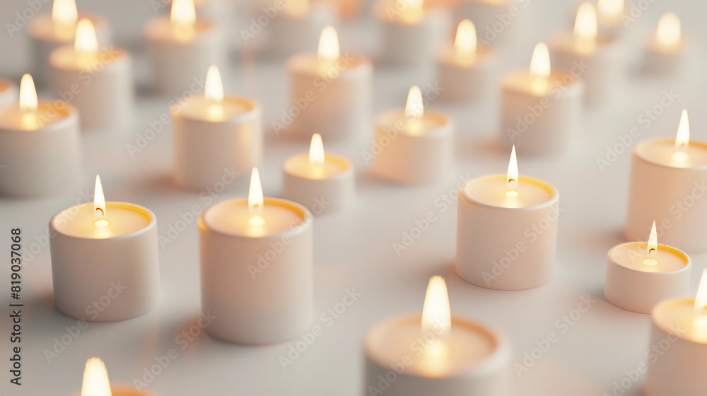 A series of white mini candles arranged in an orderly pattern on a clean, flat surface, with soft lighting casting gentle shadows and highlighting the flickering flames A series of white mini candles arranged in an orderly pattern on a clean, flat surface, with soft lighting casting gentle shadows and highlighting the flickering flames
