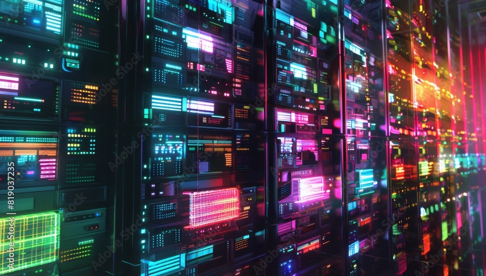 Naklejka premium a large server room with rows of glowing, colourful, hightech hard drives. In the style of dark cyberpunk.