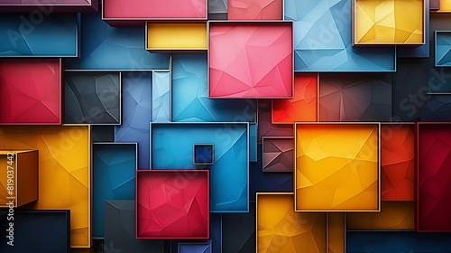 Geometric Background, Colorful background with layered squares, triangles, and curves Illustration image,