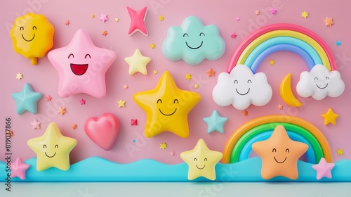 These colorful stickers feature stars  hearts  smiles  clouds  and rainbows. All elements have a plasticine effect and are inflated. The illustration is a 3D rendering.