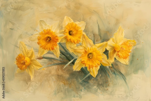 Timelessly Elegant Watercolor Daffodils Painted on a Weathered Parchment Background. photo