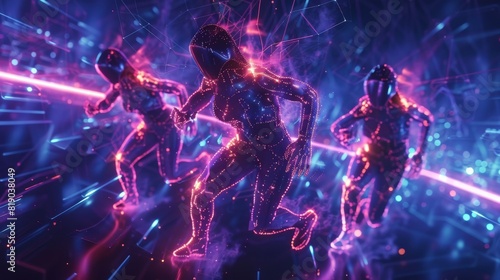 A dynamic scene with three glowing figures running in a futuristic neon environment