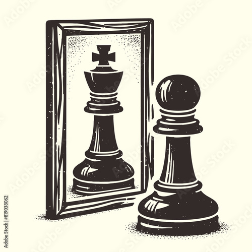 chess pawn looks into a mirror and sees a king vintage illustration