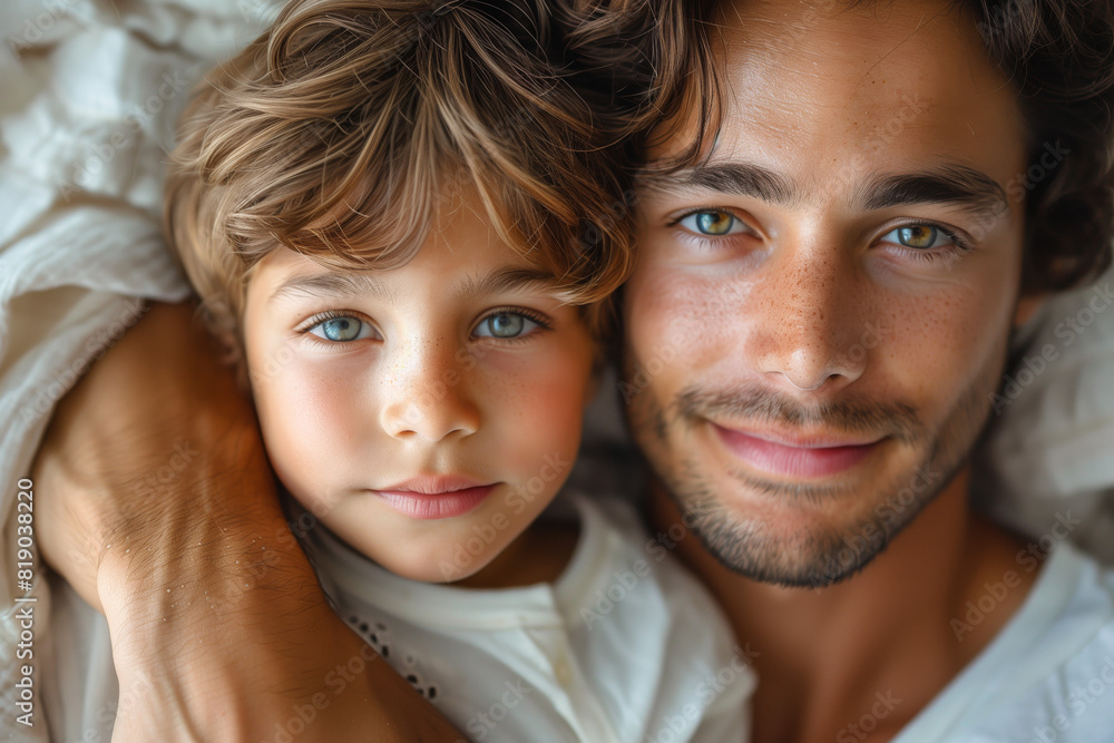Happy father with his son, laughing and playing together isolated on a white background, studio portrait Happy father with his son, laughing and playing together isolated on a white background, studio portrait