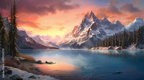 A stunning Siberian landscape  with snow-capped mountains reflecting in a crystal-clear lake under a vibrant sunset sky.
