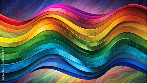 Vivid  wavy lines flow in a spectrum of colors  creating a sense of movement and rhythm. The texture within each colored band creates the appearance of a dynamic  undulating surface with copy space.AI
