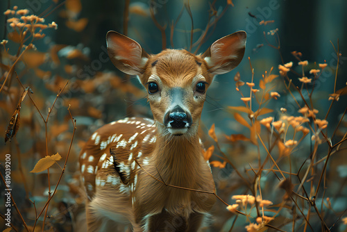 Adorable Fawn in Autumn Forest.Close-up of a young deer standing in a forest with autumn foliage. Perfect for nature themes, wildlife photography, and forest scenery.