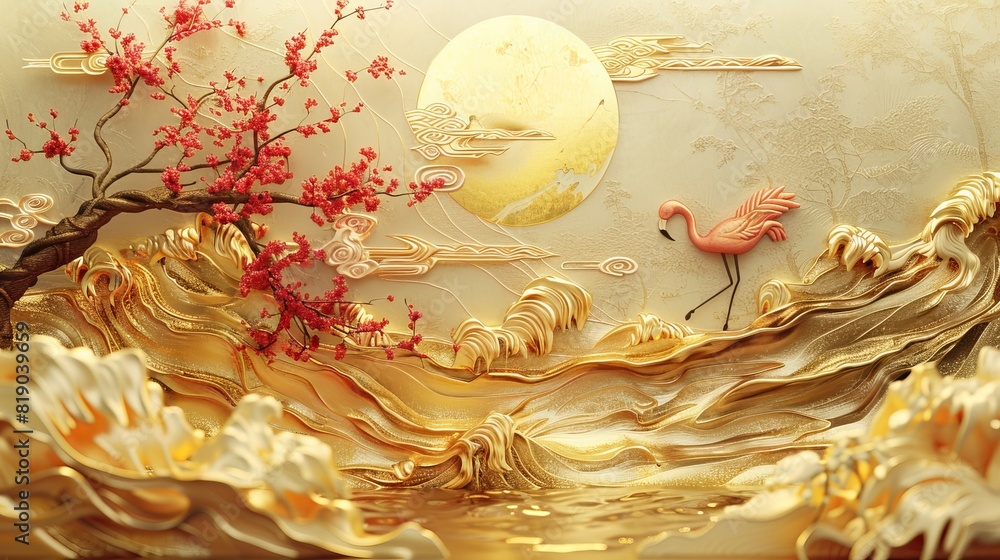 Gold oriental wallpaper with golden textures. Chinese and Japanese oriental line art. Wallpaper