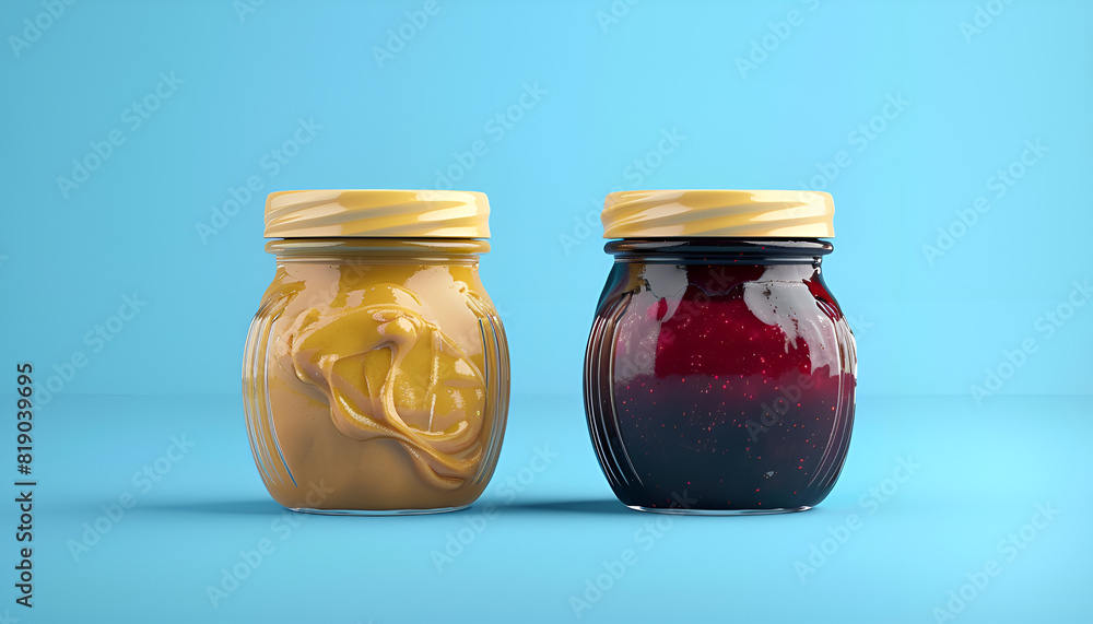 jar of peanut butter and jar of jelly, next to each other on blue background jar of peanut butter and jar of jelly, next to each other on blue background