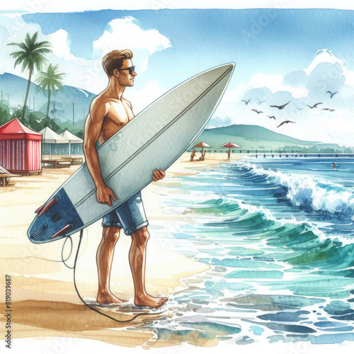man stands on the beach with a surfboard. Surfer against the backdrop of the sea and ocean. Watercolor illustration