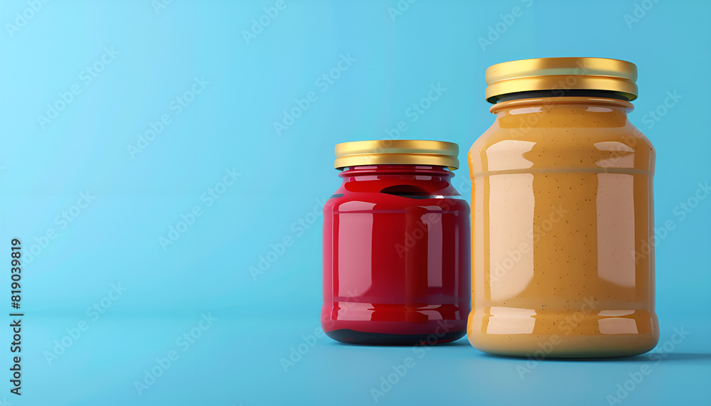 jar of peanut butter and jar of jelly, next to each other on blue background jar of peanut butter and jar of jelly, next to each other on blue background