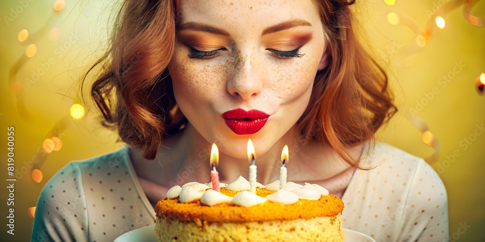 Beautiful girl with freckles and red bright hair, with bright makeup and red lips close-up, blowing out candles on a holiday cake, wallpaper, background Beautiful girl with freckles and red bright hair, with bright makeup and red lips close-up, blowing out candles on a holiday cake, wallpaper, background