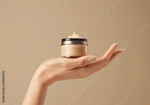 Womans hand with a jar of anti ageing cosmetics moisturiser cream against a beige tone background