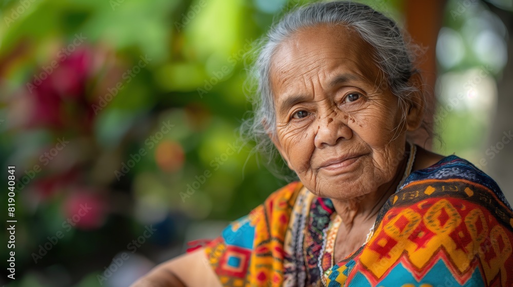 An old woman with grey hair wearing a vibrant top An old woman with grey hair wearing a vibrant top