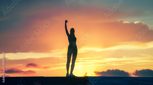 Silhouette of woman with victory and success with raised fist standing against sunset sky