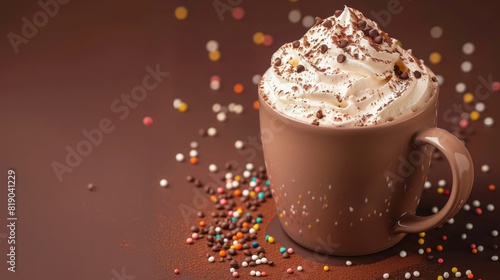 Vector image of a hot chocolate mug with whipped cream and sprinkles, suitable for World Chocolate Day posters and banners.