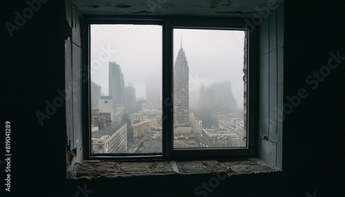 abandoned apocalyptic city streets with skyscrapers in the fog