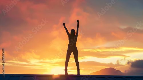 Silhouette of woman with victory and success with raised fist standing against sunset sky © Creativision