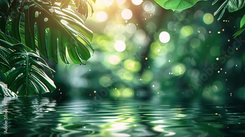 a nature background with large green monstera and palm leaves floating on water, shimmering light reflections, and space for text.