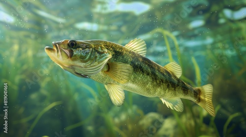 A close-up of a walleye fish swimming underwater in a freshwater lake photo