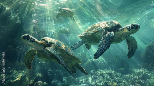 Turtles in a serene underwater setting, soft beams of light filtering through the water, highlighting their slow, graceful movements, in a realistic digital painting