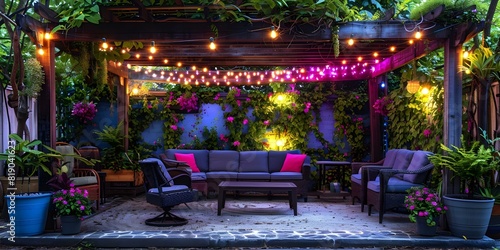 AIgenerated image of pergola with patio furniture string lights surrounded by greenery. Concept Outdoor Photography, Home Decor Inspiration, Creative Landscaping, Pergola Design