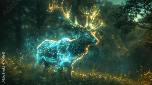 Glowing magical stag in dark forest