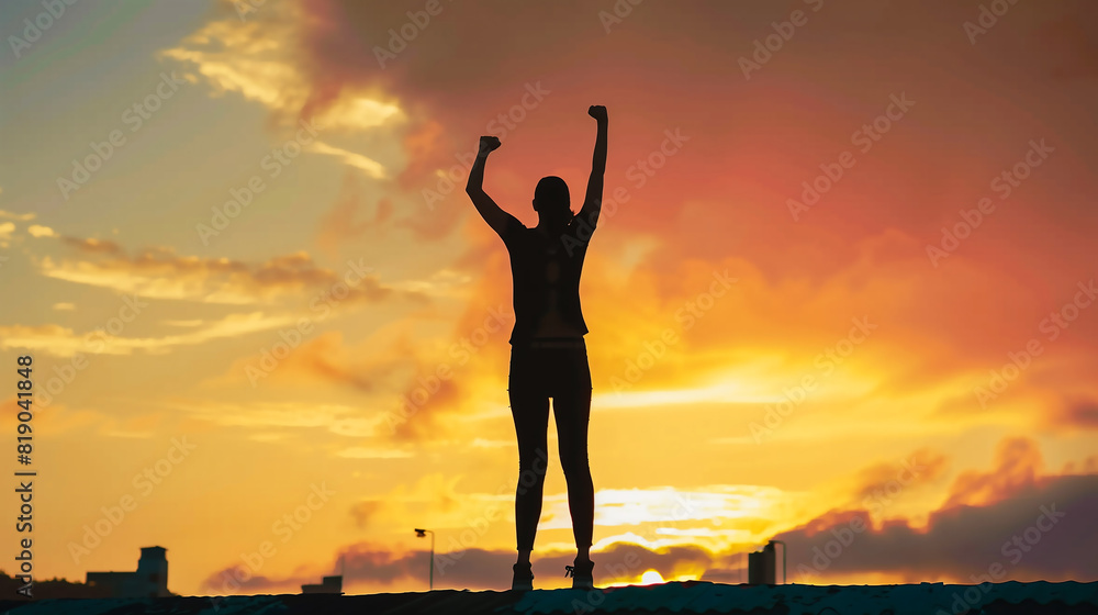 Fototapeta premium Silhouette of woman with victory and success with raised fist standing against sunset sky