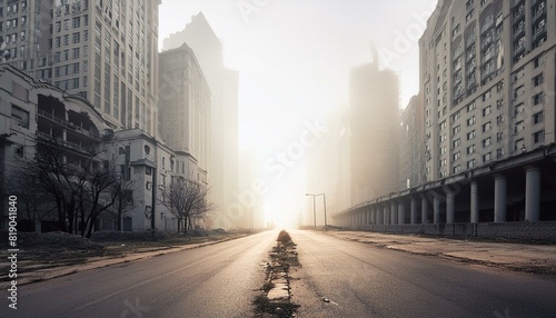 abandoned apocalyptic city streets with skyscrapers in the fog © Simon