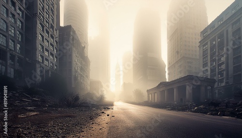abandoned apocalyptic city streets with skyscrapers in the fog © Simon
