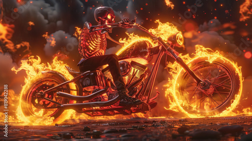 Skeleton biker riding his motorcycle in hell fire photo